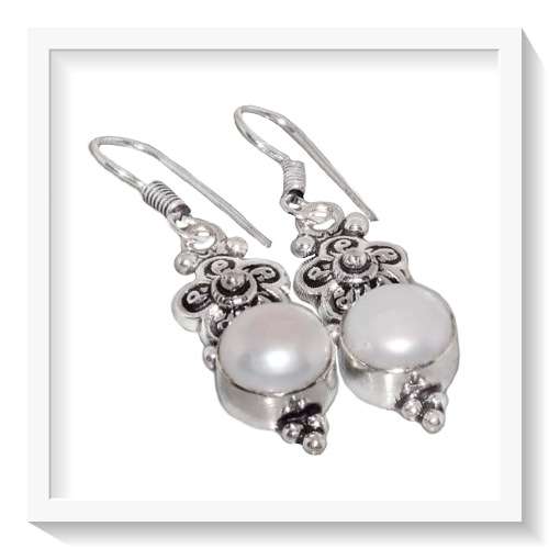 NATURAL FLORAL WHITE  PEARL  GEMSTONE .925  STERLING SILVER EARRINGS