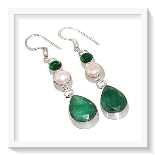 INDIAN EMERALD QUARTZ, CHROME DIOPSIDE, PEARL GEMSTONE .925 SILVER  EARRINGS
