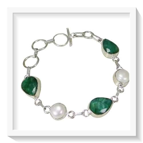 STUNNING INDIAN EMERALD QUARTZ, PEARL GEMSTONE .925 SILVER ,BRACELET