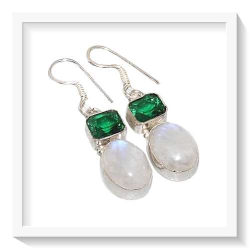 ONE OF A KIND EMERALD GREEN QUARTZ, MOONSTONE GEMSTONE .925 SILVER  EARRINGS