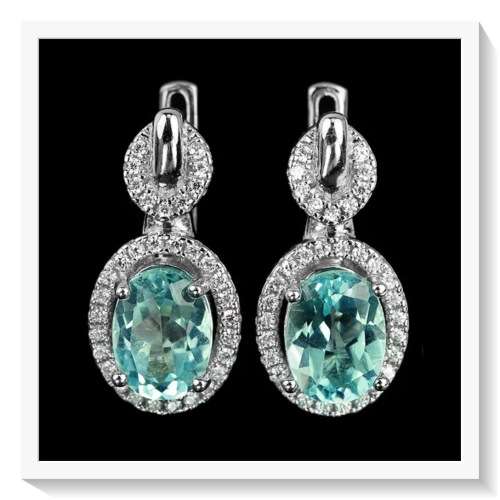 SUPREME NATURAL SWISS BLUE TOPAZ, WHITE C/ZIRC GEMSTONE  .925 STERLING SILVER EARRINGS