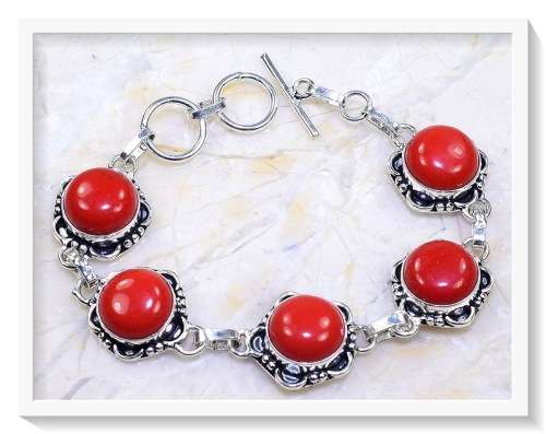 Handmade Antique Style Red Coral Gemstone .925 Sterling Silver Plated Bracelet