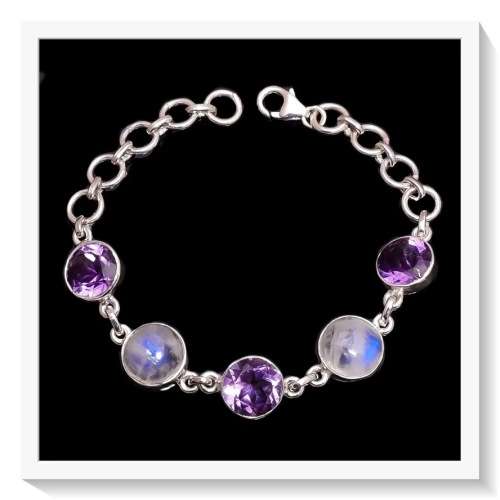 NATURAL RAINBOW MOONSTONE, PURPLE AMETHYST SOLID .925 SILVER BRACELET