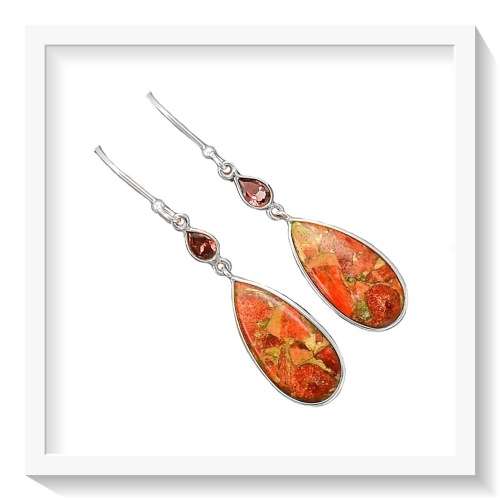 AMAZING NATURAL RED COPPER TURQUOISE, GARNET SOLID .925 STERLING SILVER EARRINGS