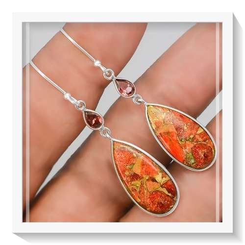 AMAZING NATURAL RED COPPER TURQUOISE, GARNET SOLID .925 STERLING SILVER EARRINGS