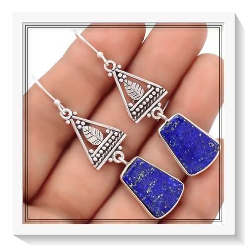BALI-NATURAL LAPIS LAZULI GEMSTONE SOLID .925 SILVER EARRINGS