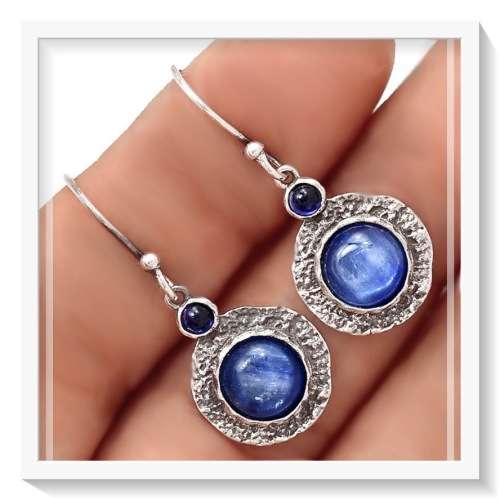 ISRALI-NEW ARRIVAL NATURAL KYANITE, IOLITE GEMSTONE SOLID .925 STERLING SILVER EARRINGS