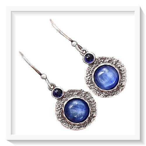 ISRALI-NEW ARRIVAL NATURAL KYANITE, IOLITE GEMSTONE SOLID .925 STERLING SILVER EARRINGS