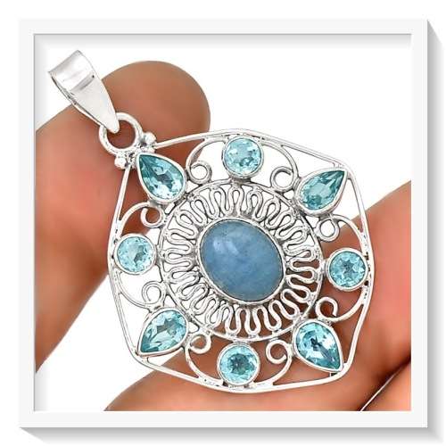 BREATHTAKING NEW ARRIVAL NATURAL AQUAMARINE, BLUE TOPAZ  GEMSTONE SOLID .925 STERLING SILVER PENDANT