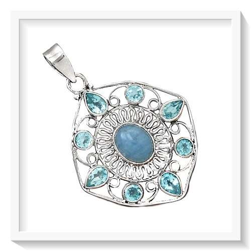 BREATHTAKING NEW ARRIVAL NATURAL AQUAMARINE, BLUE TOPAZ  GEMSTONE SOLID .925 STERLING SILVER PENDANT