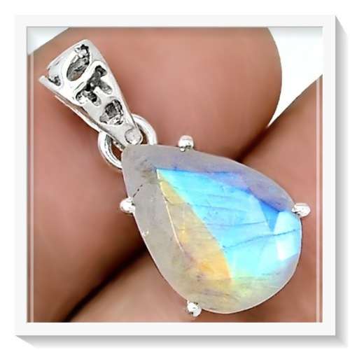 INCREDIBLE FACETED NATURAL RAINBOW MOONSTONE PEAR  SOLID .925 SILVER PENDANT