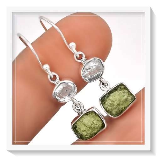 INCREDIBLE GENUINE CZECH MOLDAVITE, HERKIMER DIAMOND IN SOLID .925 SILVER EARRINGS