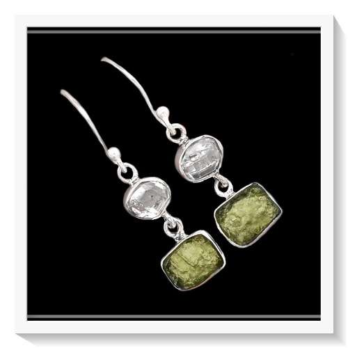 INCREDIBLE GENUINE CZECH MOLDAVITE, HERKIMER DIAMOND IN SOLID .925 SILVER EARRINGS