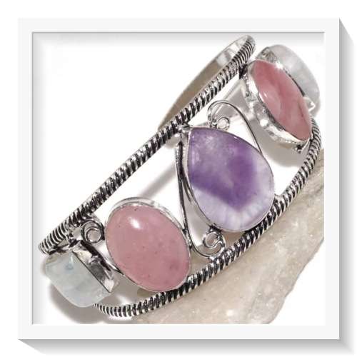 PRETTY FEMININE PINK ROSE QUARTZ, AMETHYST, MOONSTONE  .925 STERLING SILVER BANGLE