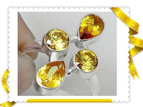 Natural Citrine Pear and Round Gemstones Solid .925 Silver Ring Size 8 OR Q