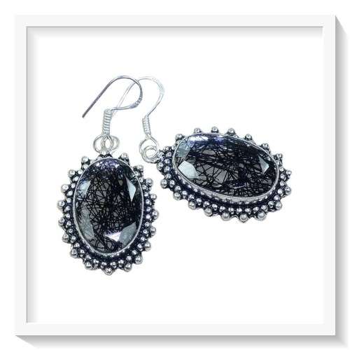 FACETED BLACK TOURMANILATED QUARTZ GEMSTONE .925 SILVER EARRINGS