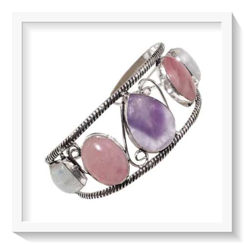 PRETTY FEMININE PINK ROSE QUARTZ, AMETHYST, MOONSTONE  .925 STERLING SILVER BANGLE
