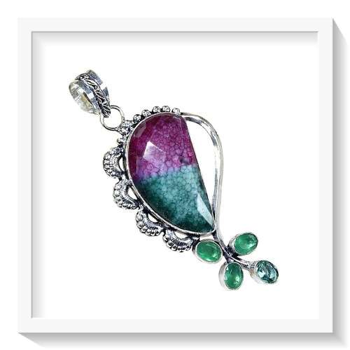 MULTI-COLOUR QUARTZ, CHRYSOPRASE, GREEN QUARTZ 925 SILVER PENDANT