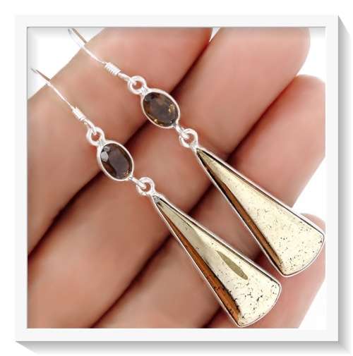NATURAL PERUVIAN PYRITE IN MAGNETITE, BLACK ONYX  GEMSTONE SOLID .925 STERLING SILVER EARRINGS