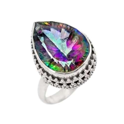 14.04 CTS RAINBOW MYSTIC TOPAZ, WHITE TOPAZ RING IN SOLID .925 STERLING SILVER. SIZE 7