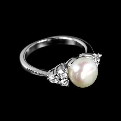 Natural White Pearl Diamond Cut CZ set in Solid .925 Sterling Silver 14K White Gold Ring Size 6 / M