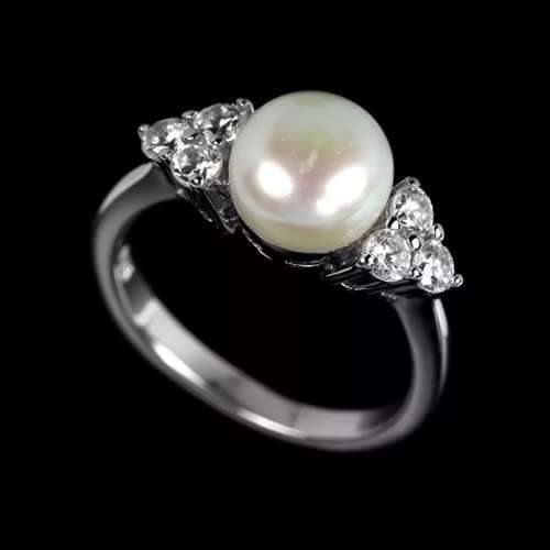 Natural White Pearl Diamond Cut CZ set in Solid .925 Sterling Silver 14K White Gold Ring Size 6 / M