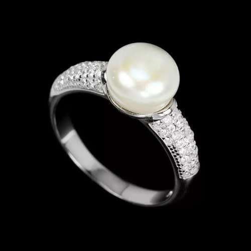 Elegant AAA Natural 9 mm White Pearl, Cr. Diamonds Solid .925 Sterling Silver Size 8 or Q
