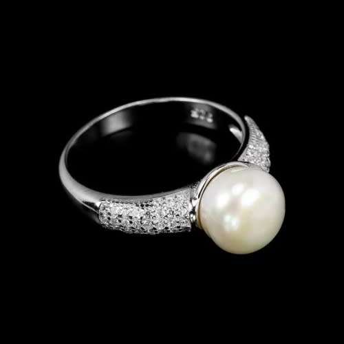 Elegant AAA Natural 9 mm White Pearl, Cr. Diamonds Solid .925 Sterling Silver Size 8 or Q