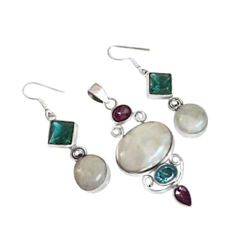 RAINBOW MOONSTONE, AMETHYST, TOPAZ GEMSTONE .925 SILVER  EARRINGS AND PENDANT SET