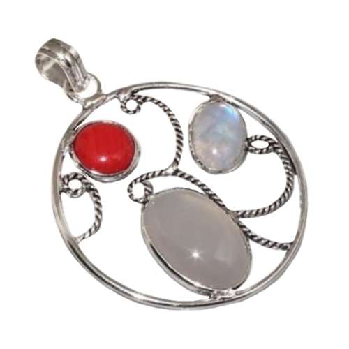 TRENDY RED CORAL, MOONSTONE .925 SILVER PENDANT