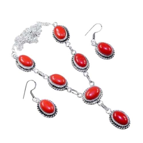 Vibrant Natural Red Coral Gemstone Necklace and Earrings