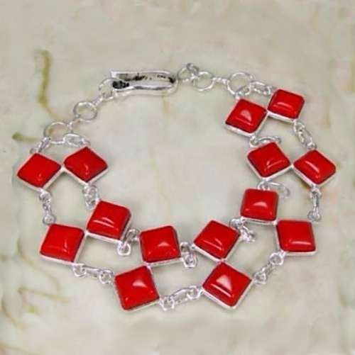 Double Row Red Coral Squares set in .925 Sterling Silver Plated Handmade Bracelet