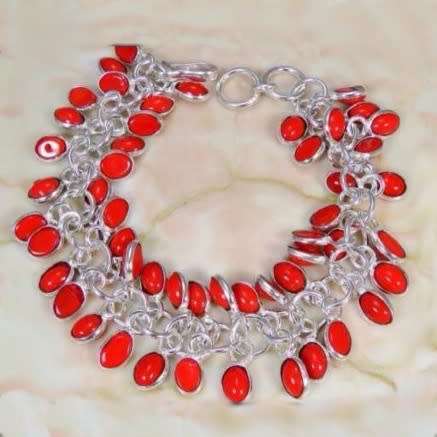 Red Coral Oval CIusters set in 925 Sterling Silver Plated Handmade Bracelet