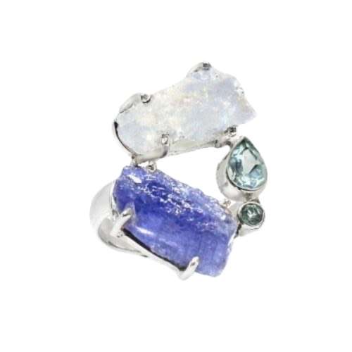 BREATHTAKING BEAUTY NATURAL AAA TANZANITE , MOONSTONE TOPAZ  SOLID .925 SILVER RING SIZE 8