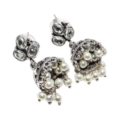 Fantastic Jhumki White River Pearl, White Topaz Gemstone .925  Sterling Silver Stud Earrings