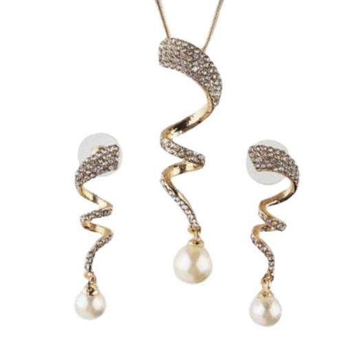TRENDY AUSTRIAN CRYSTALS PEARL GOLD PLATED NECKLACE AND EARRINGS SET