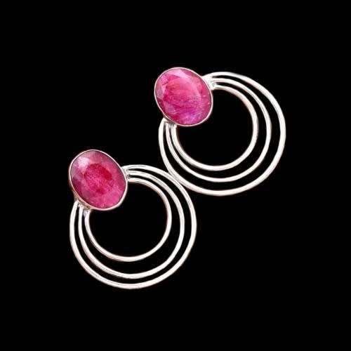Modern Indian Red Ruby, Gemstone Solid .925 Sterling Silver Stud Earrings
