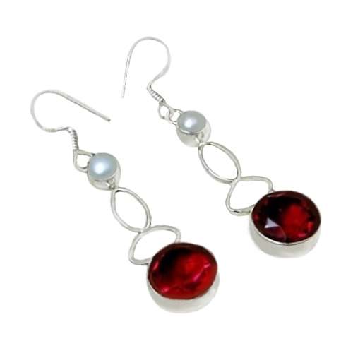 ENCHANTING RUBY, WHITE PEARL EARRINGS IN SOLID .925 STERLING SILVER