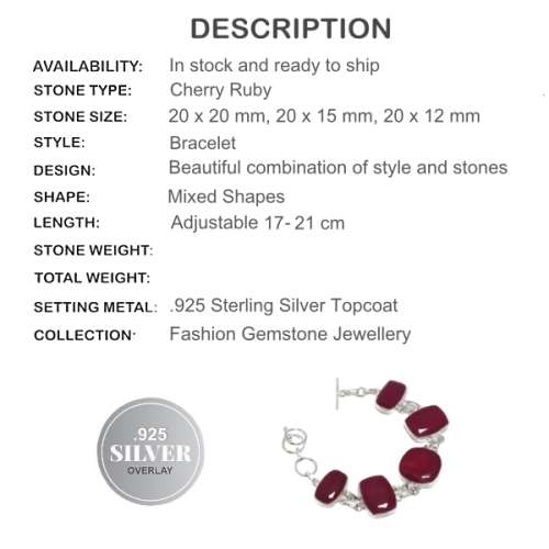 Indian Cherry Ruby Quartz Gemstone .925 Silver Bracelet