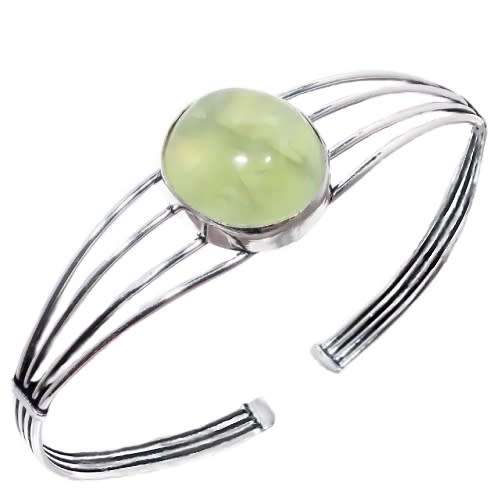 Natural Scottish Moss Prehnite Oval Gemstone in 925 Sterling Silver Plated Adjustable Cuff Bangle
