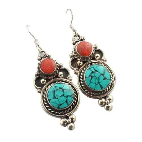 NATURAL NEPALESE TURQUOISE, CORAL GEMSTONE EARRINGS