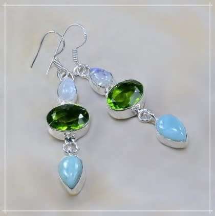 FANTASTIC LONG PERIDOT, MOONSTONE, LARIMAR GEMSTONE  .925 SILVER EARRINGS