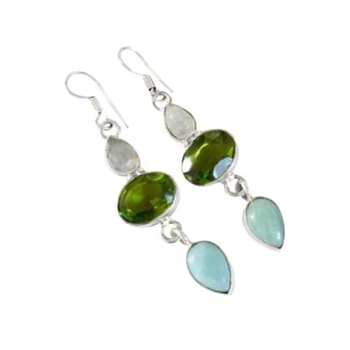 FANTASTIC LONG PERIDOT, MOONSTONE, LARIMAR GEMSTONE  .925 SILVER EARRINGS