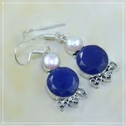 Natural Indian Sapphire, White Pearl Gemstone .925 Silver Earrings