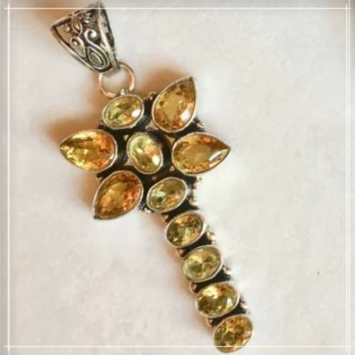 Golden Citrine  Mixed Shape Gemstones Dragonfly set in .925 Sterling Silver Plated Handmade Pendant