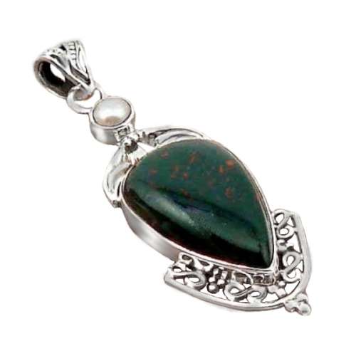 VERY RARE ANTIQUE SETTING NATURAL BLOOD STONE,PEARL SOLID .925 STERLING SILVER PENDANT