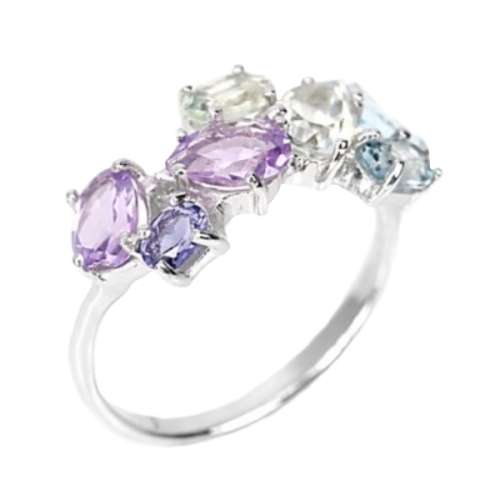 Natural Green/ Purple Amethyst Blue Topaz Gemstones Solid .925 Sterling Silver Ring Size 9 / R1/2