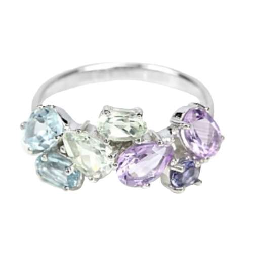 Natural Green/ Purple Amethyst Blue Topaz Gemstones Solid .925 Sterling Silver Ring Size 9 / R1/2