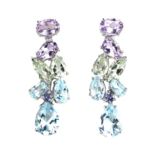 TRULY EXQUISITE GENUINE GREEN/ PURPLE AMETHYST, BLUE TOPAZ GEMSTONE  .925 SILVER EARRINGS