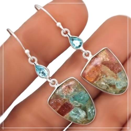 NEW ARRIVAL NATURAL AQUAMARINE IN SUNSTONE, BLUE TOPAZ  SOLID 925  STERLING SILVER EARRINGS
